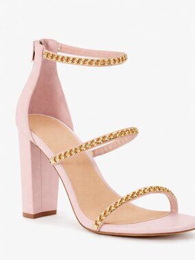 JustFab Pink Heeled Sandals with Gold Chain Straps